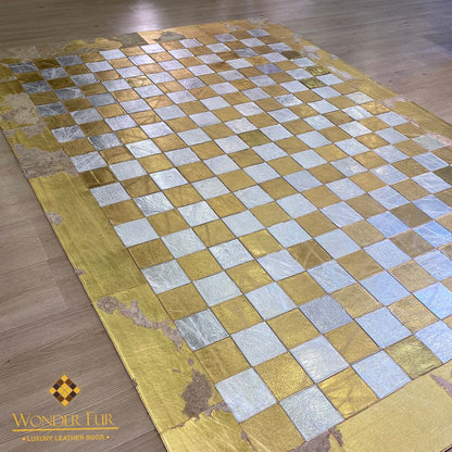 Luxury Gold Handmade Natural Leather Sheepskin Chessboard Pattern Gold and Grey Square Area Rug