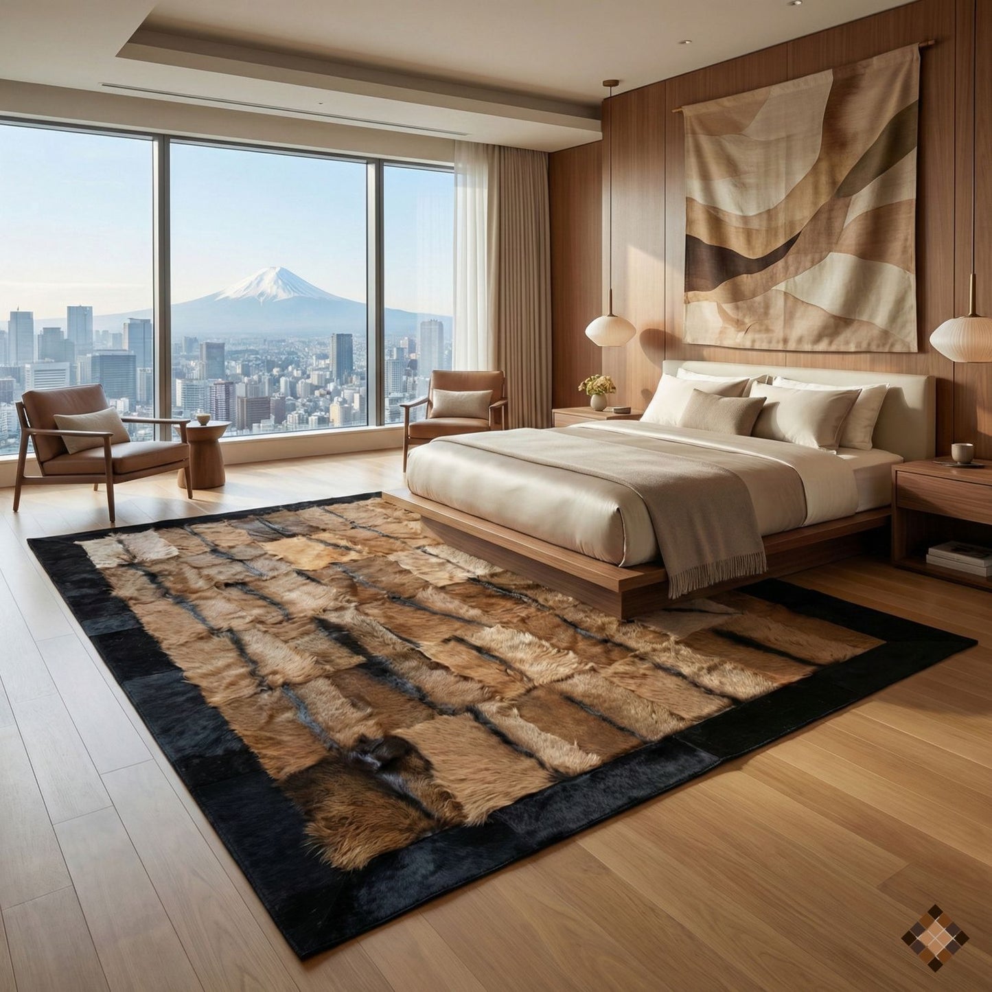 Natural Goatskin Area Rug with Black Suede Border - WONDERFURRUG