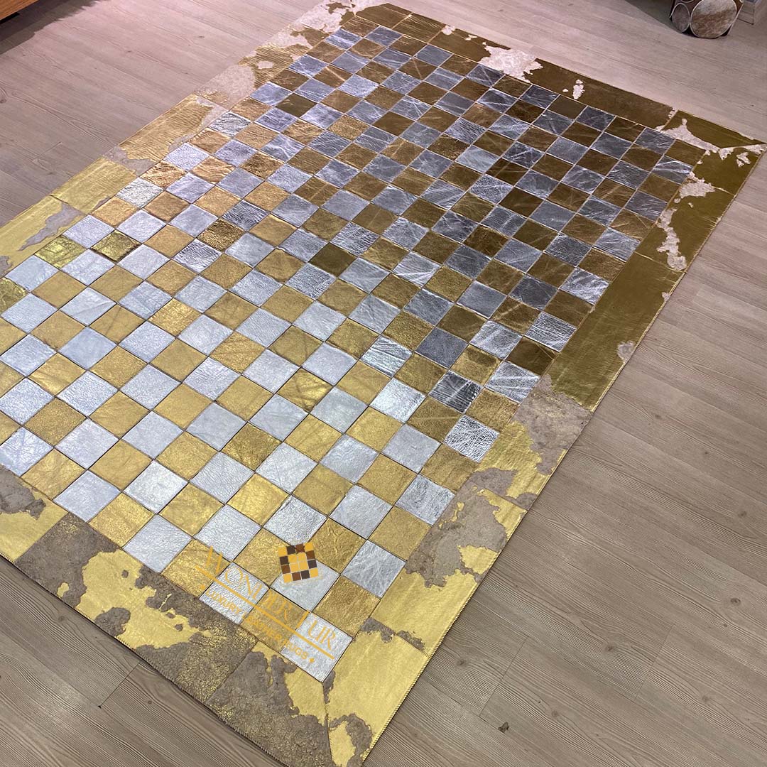 Luxury Gold Handmade Natural Leather Sheepskin Chessboard Pattern Gold and Grey Square Area Rug