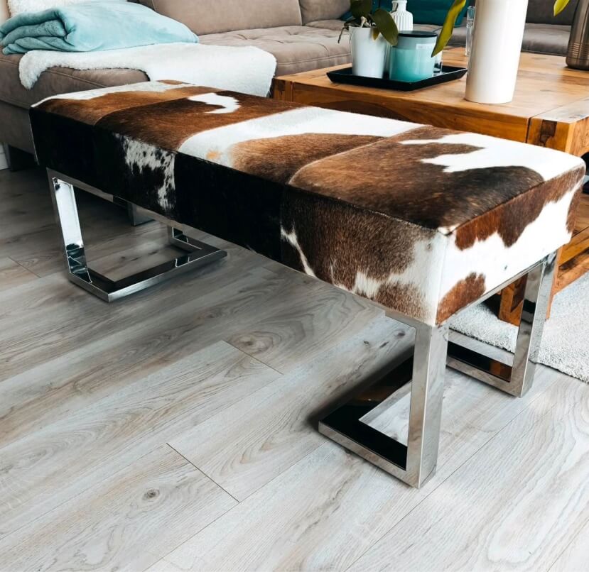 Luxury Cow Skin Fur for Living Room, Natural Leather Handmade Bench