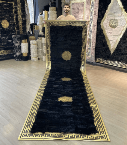 Luxury Black Gold Natural Sheepskin Runner Rug, Handmade Gold Border Hallway Rug