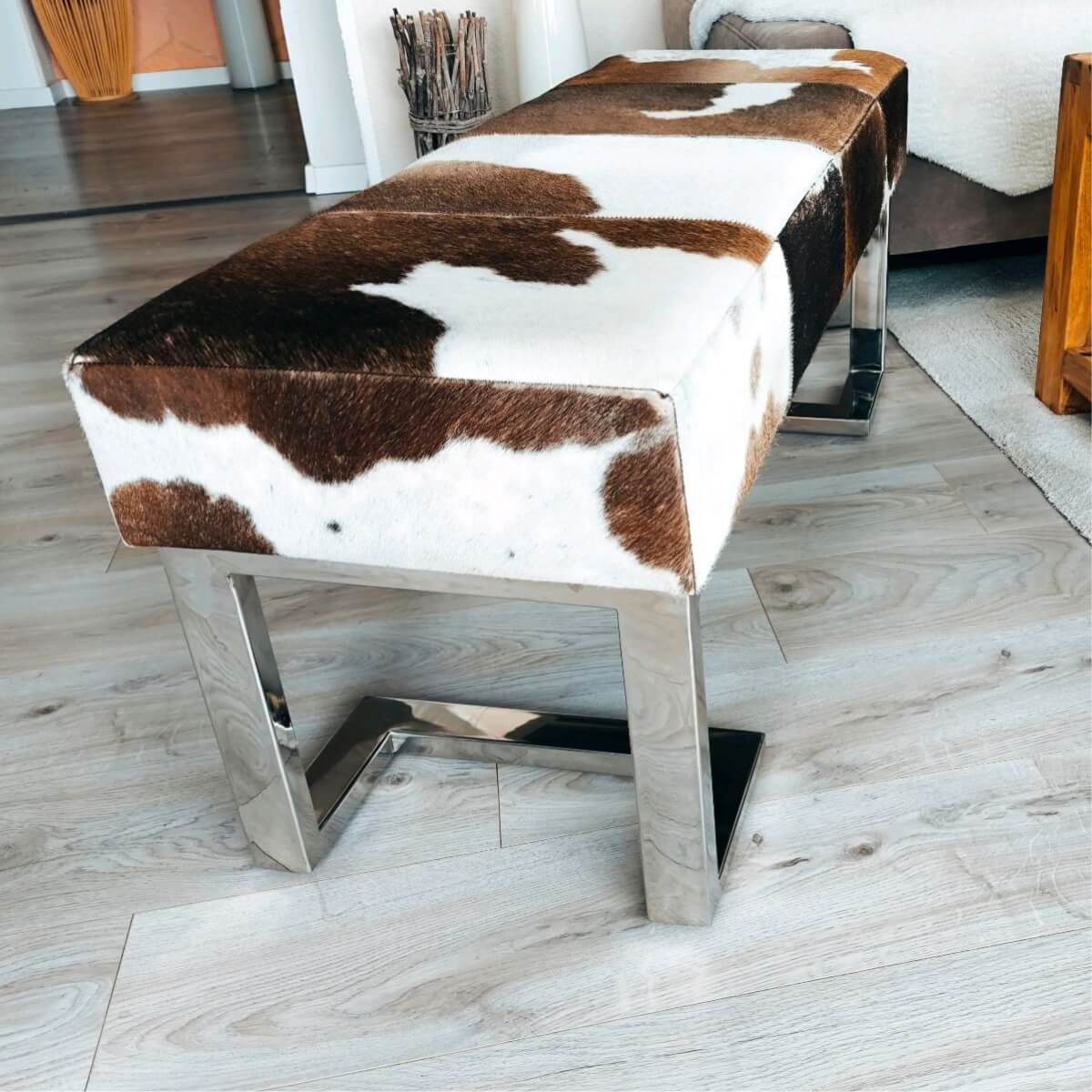 Luxury Cow Skin Fur for Living Room, Natural Leather Handmade Bench