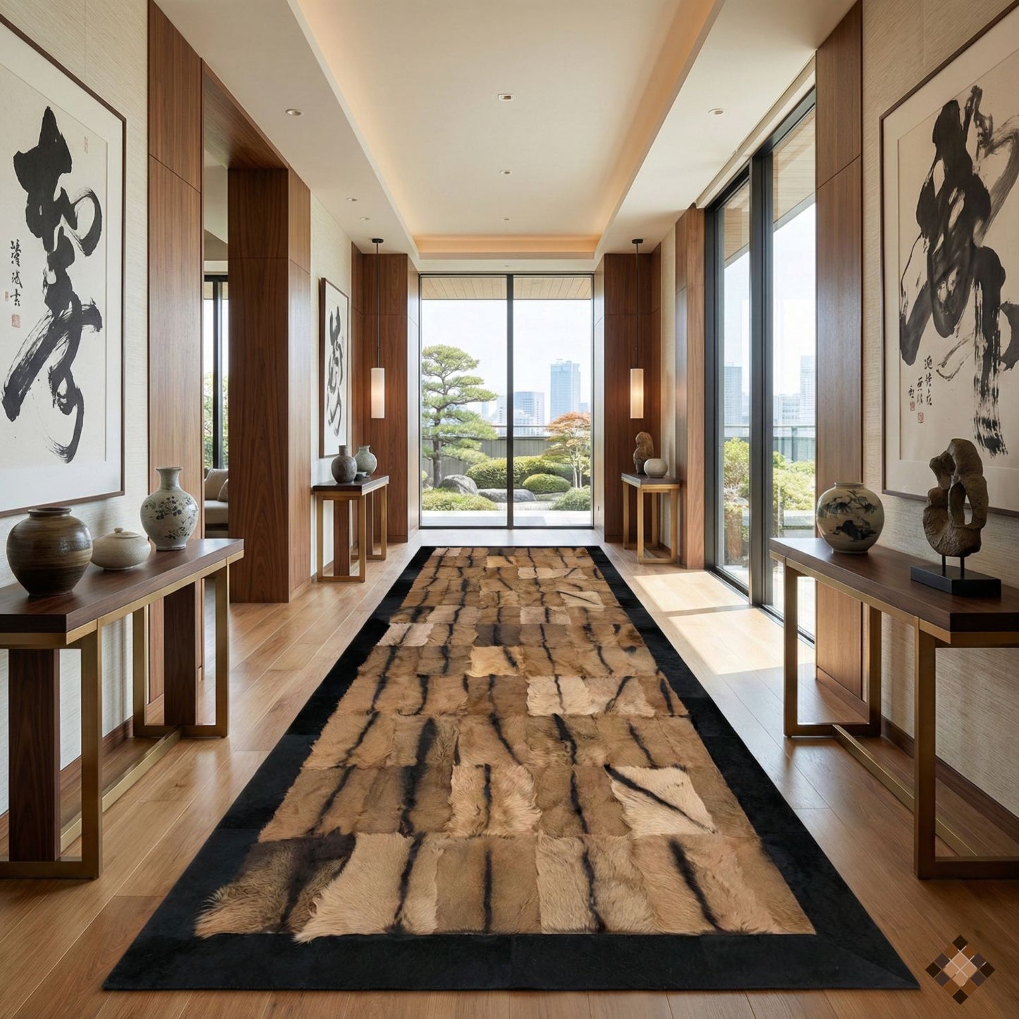 Natural Goatskin Area Rug with Black Suede Border - WONDERFURRUG