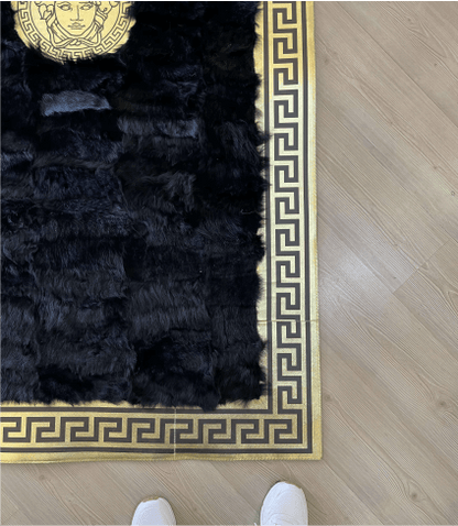 Luxury Black Gold Natural Sheepskin Runner Rug, Handmade Gold Border Hallway Rug