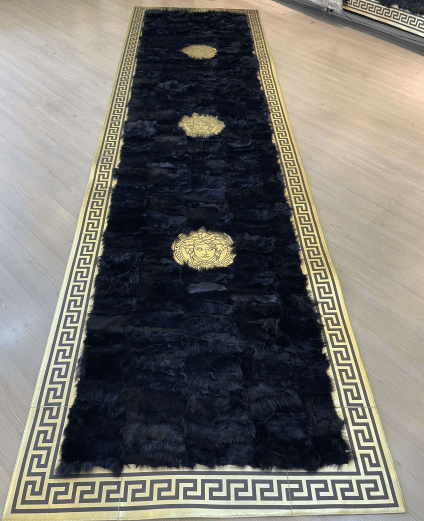 Luxury Black Gold Natural Sheepskin Runner Rug, Handmade Gold Border Hallway Rug