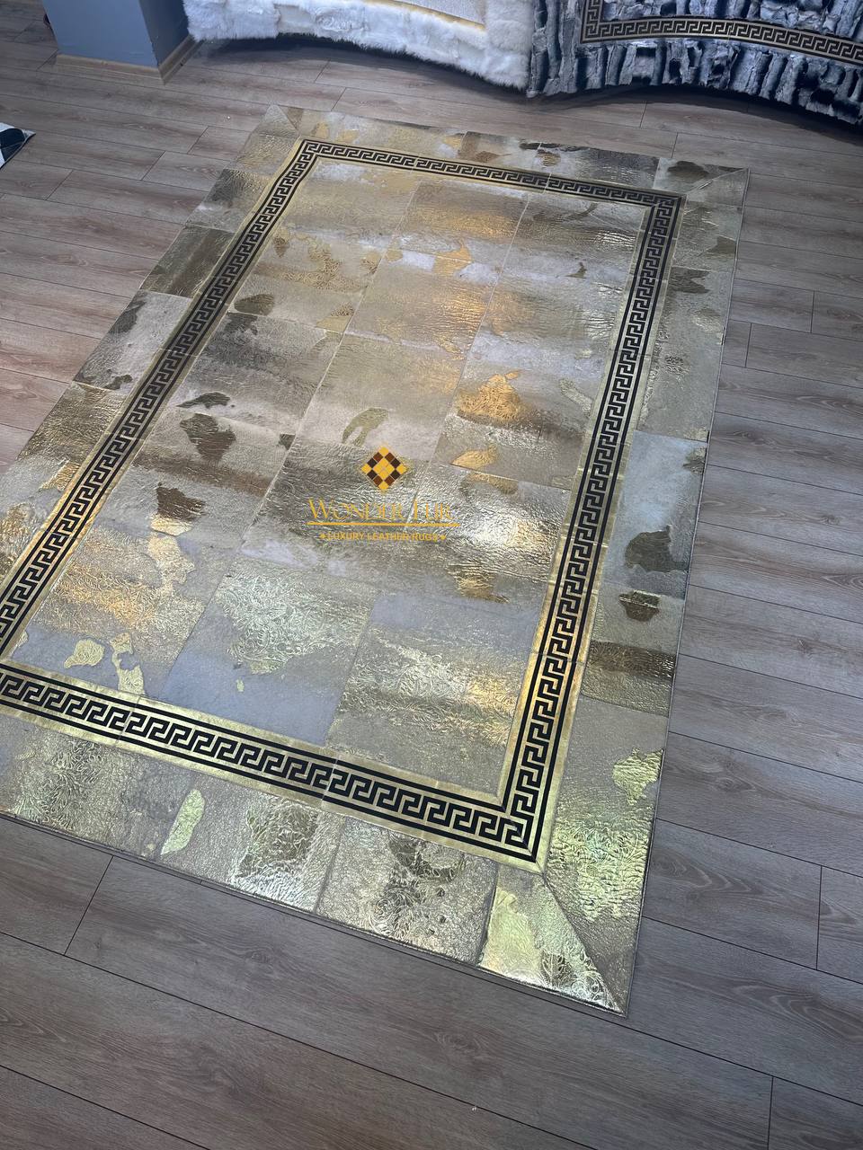 Gold Cowhide Area Rug, 100% Genuine Leather Patchwork Rug, Luxury Rug for Living Room