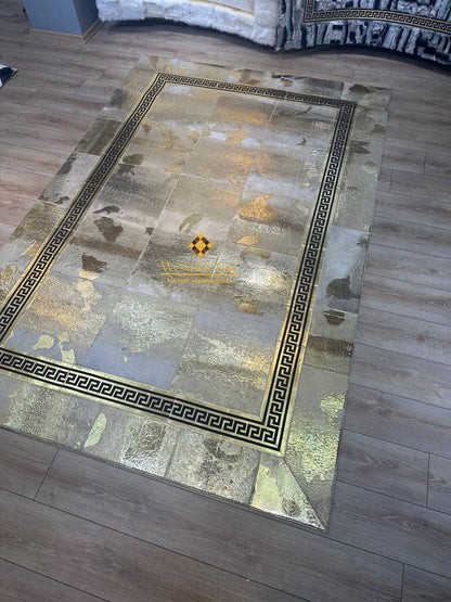 Gold Cowhide Area Rug, 100% Genuine Leather Patchwork Rug, Luxury Rug for Living Room