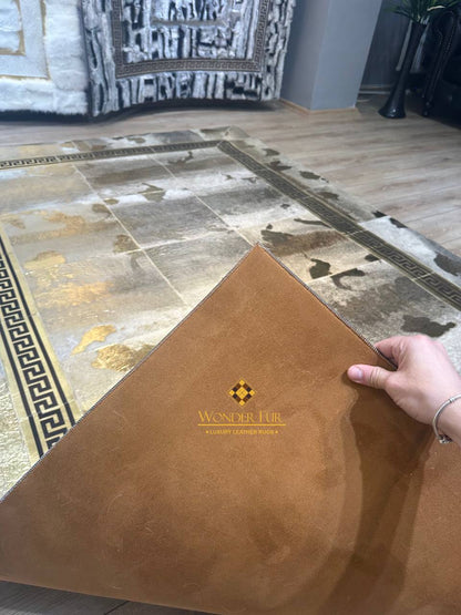 Gold Cowhide Area Rug, 100% Genuine Leather Patchwork Rug, Luxury Rug for Living Room