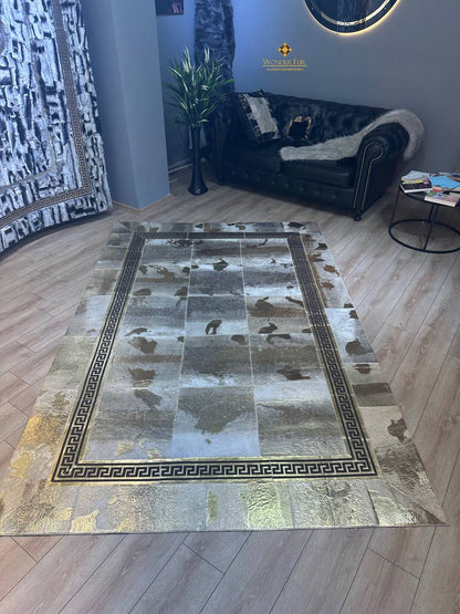 Gold Cowhide Area Rug, 100% Genuine Leather Patchwork Rug, Luxury Rug for Living Room