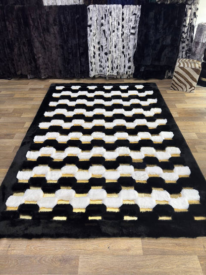Black & White Geometric Plush Area Rug