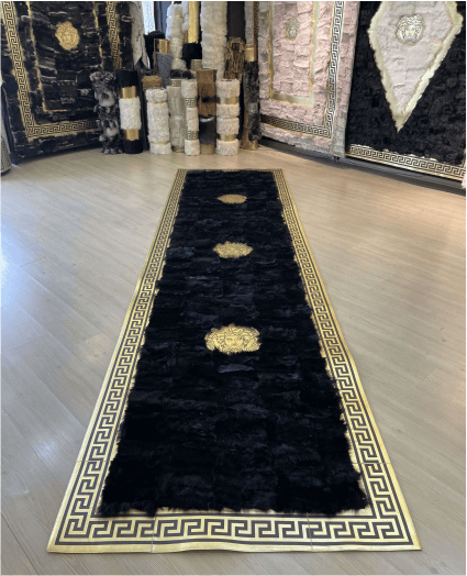 Luxury Black Gold Natural Sheepskin Runner Rug, Handmade Gold Border Hallway Rug