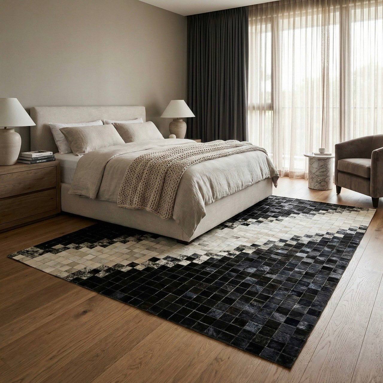 Unique Black and White 100% Natural Cowhide Patchwork Rug, Handmade Cow Skin Non Slip Rug