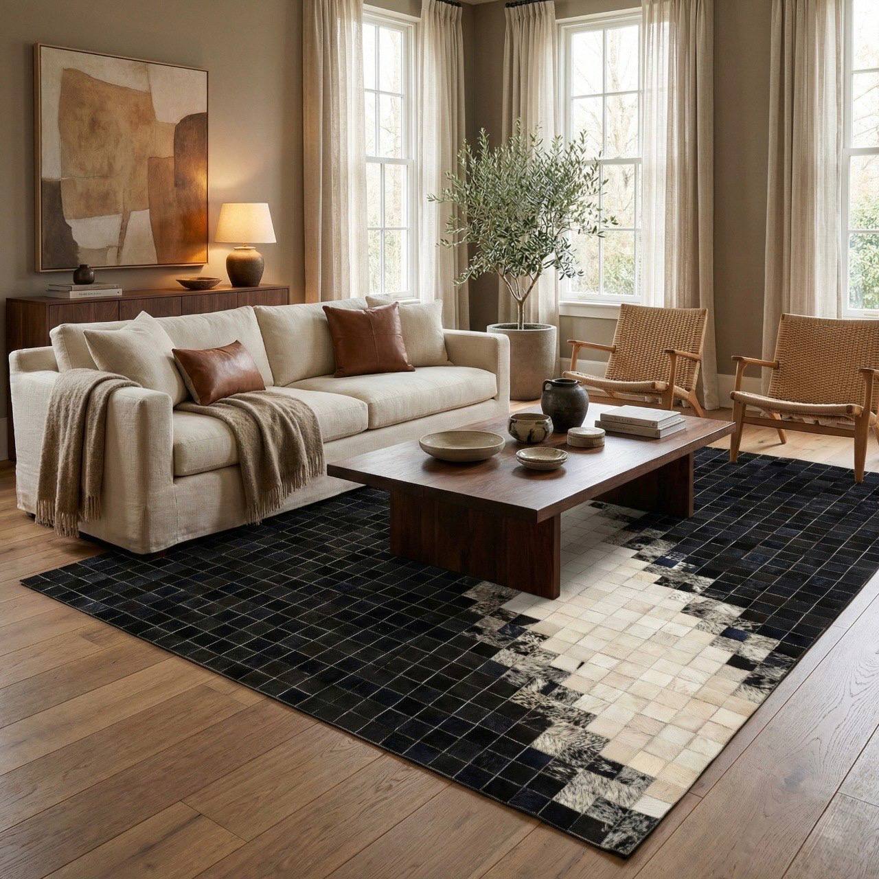 Unique Black and White 100% Natural Cowhide Patchwork Rug, Handmade Cow Skin Non Slip Rug