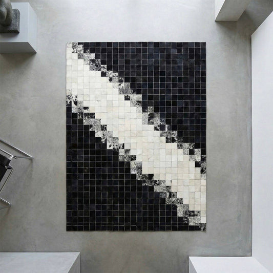 Unique Black and White 100% Natural Cowhide Patchwork Rug, Handmade Cow Skin Non Slip Rug