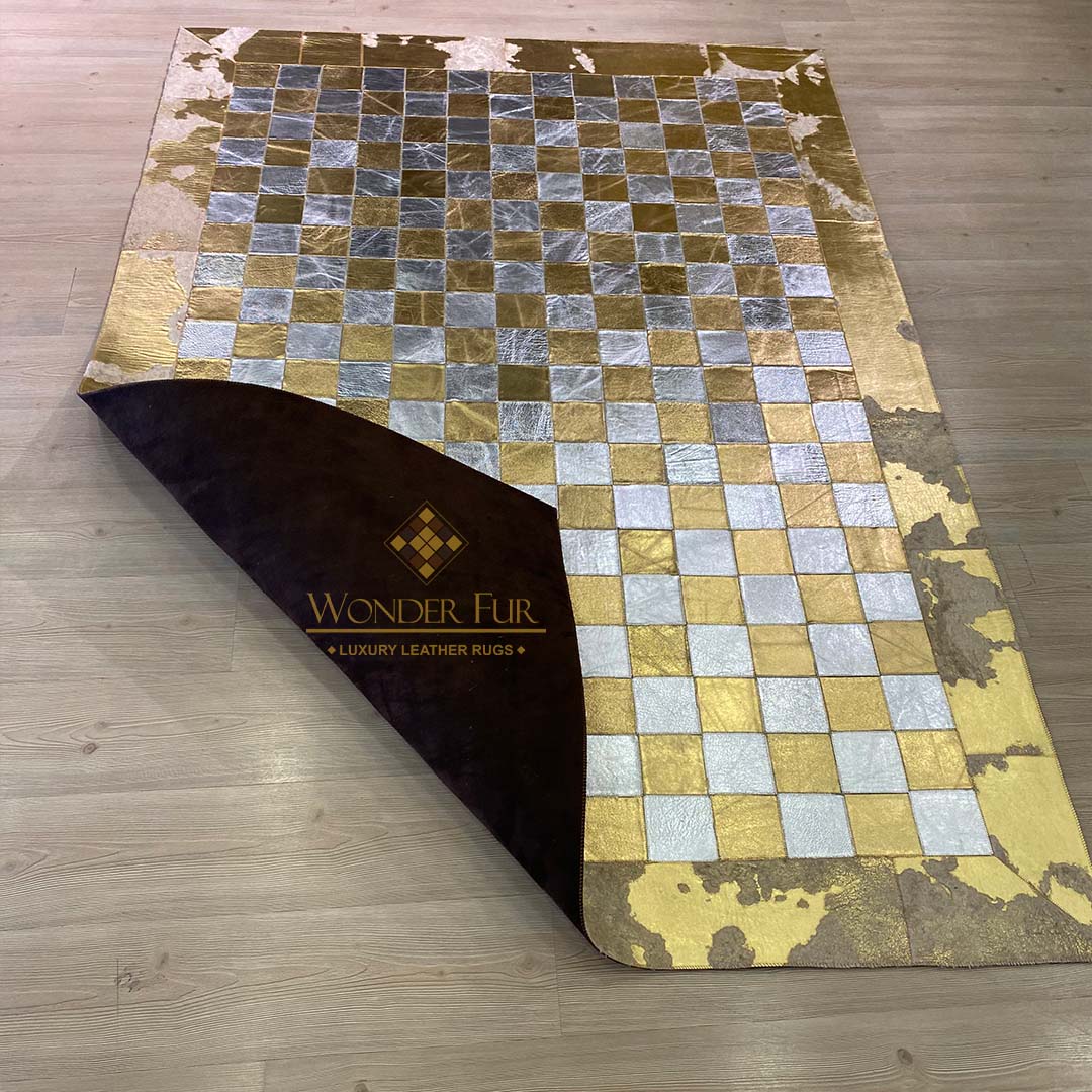 Luxury Gold Handmade Natural Leather Sheepskin Chessboard Pattern Gold and Grey Square Area Rug