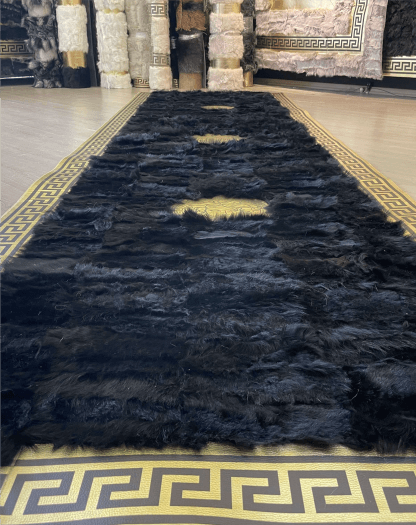 Luxury Black Gold Natural Sheepskin Runner Rug, Handmade Gold Border Hallway Rug