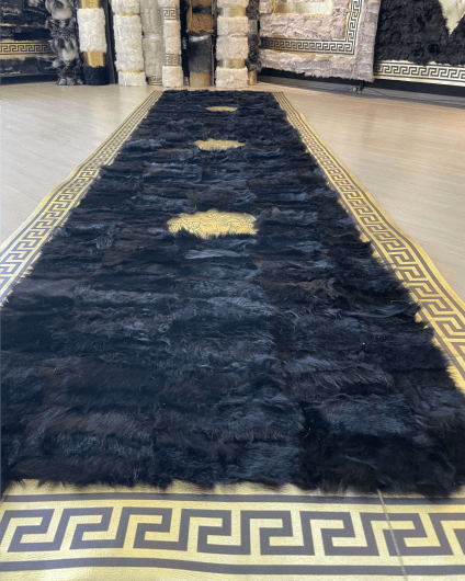 Luxury Black Gold Natural Sheepskin Runner Rug, Handmade Gold Border Hallway Rug