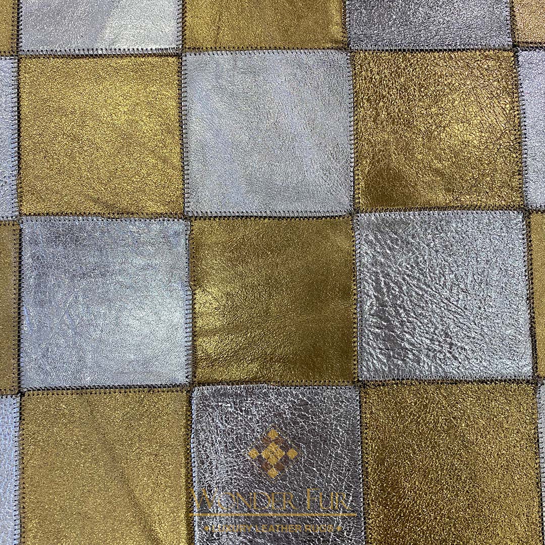 Luxury Gold Handmade Natural Leather Sheepskin Chessboard Pattern Gold and Grey Square Area Rug