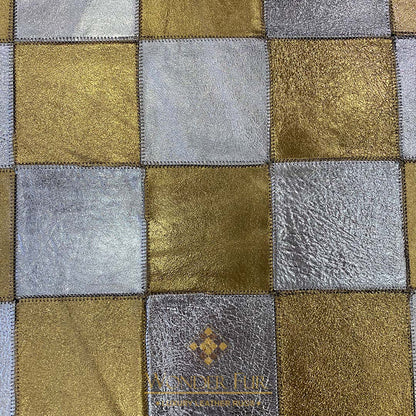 Luxury Gold Handmade Natural Leather Sheepskin Chessboard Pattern Gold and Grey Square Area Rug