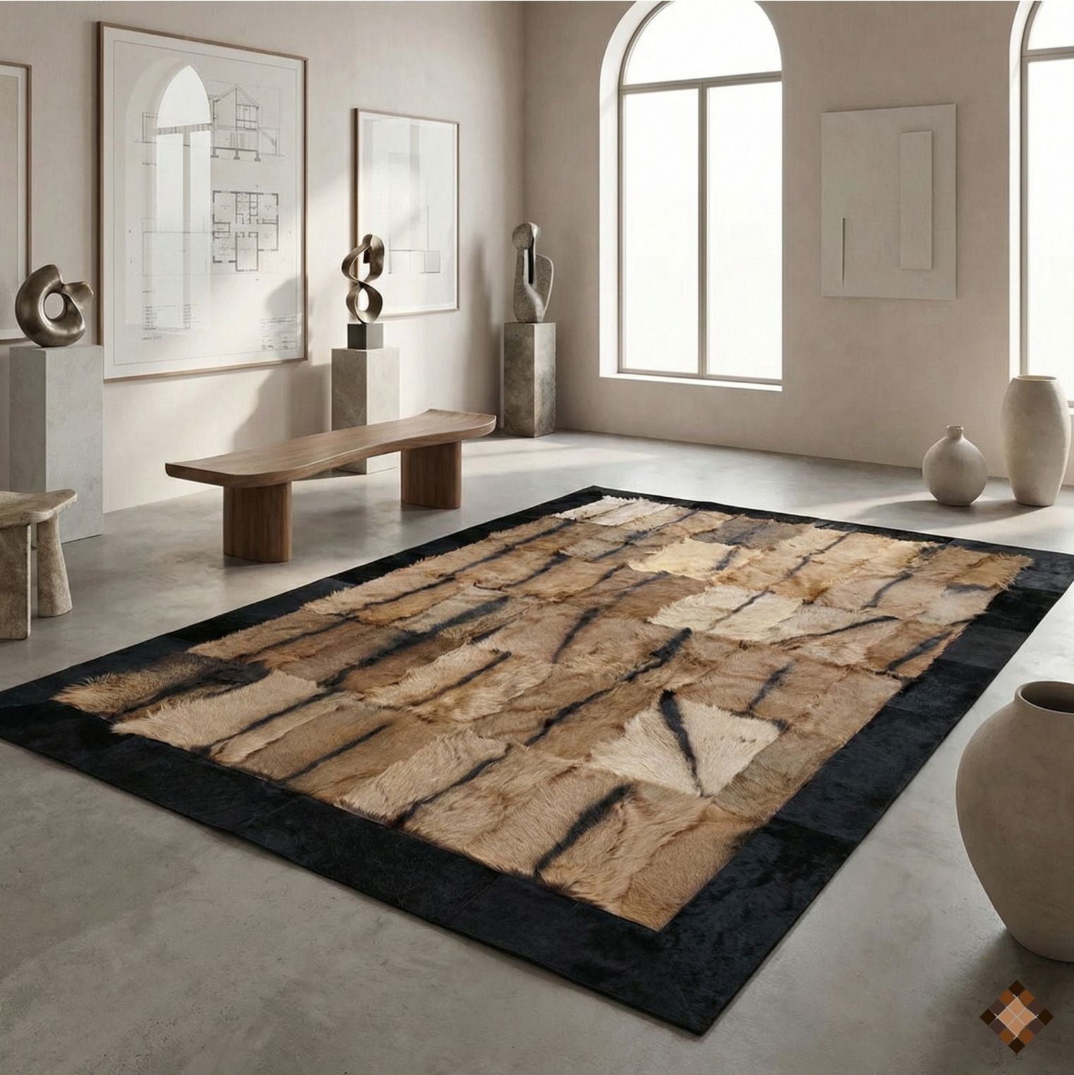 Natural Goatskin Area Rug with Black Suede Border - WONDERFURRUG