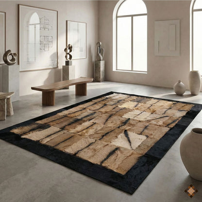 Natural Goatskin Area Rug with Black Suede Border - WONDERFURRUG