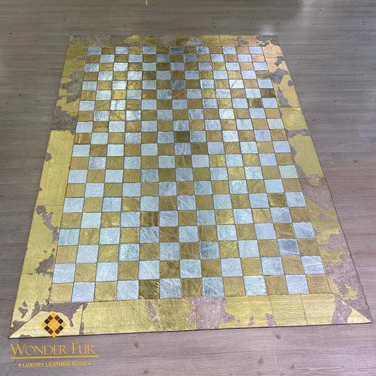 Luxury Gold Handmade Natural Leather Sheepskin Chessboard Pattern Gold and Grey Square Area Rug