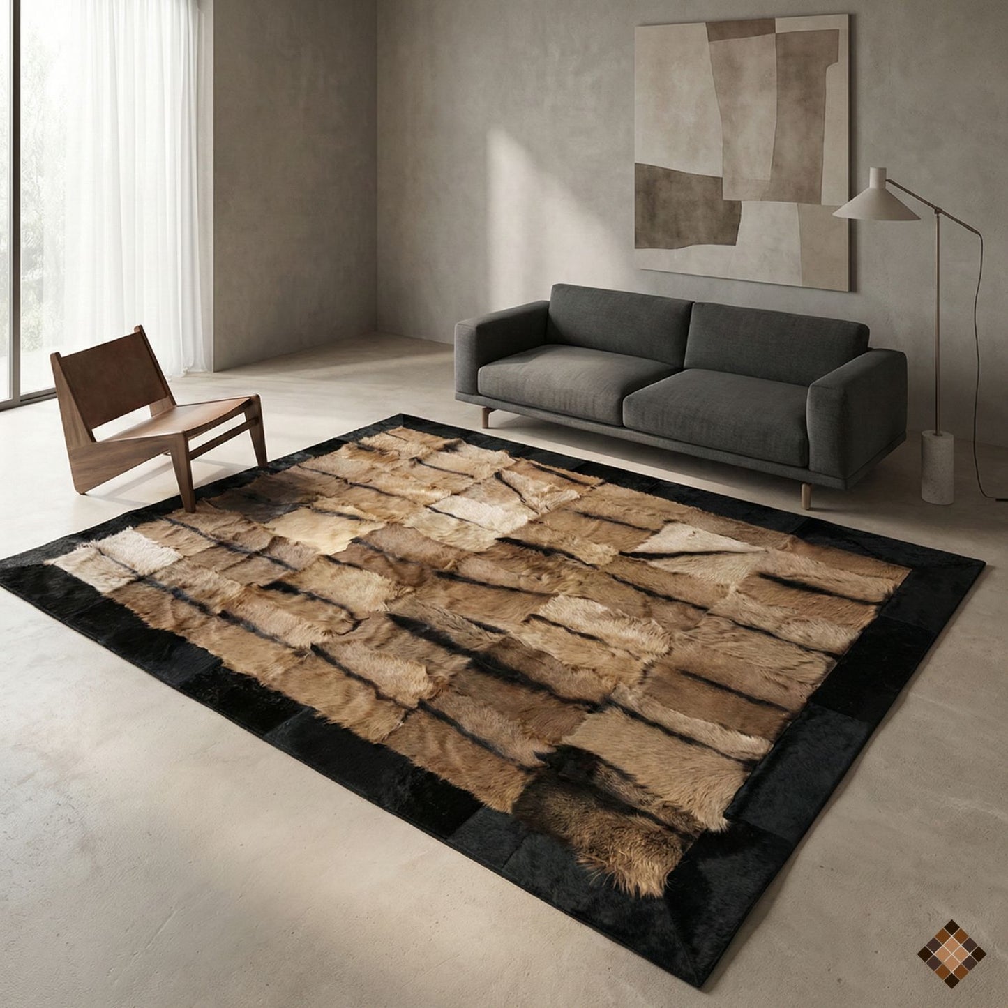 Natural Goatskin Area Rug with Black Suede Border - WONDERFURRUG