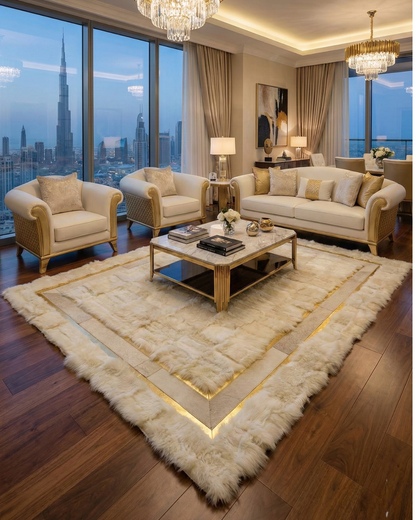 Natural patchwork white sheepskin rug in elegant living room with beige sofas and city view