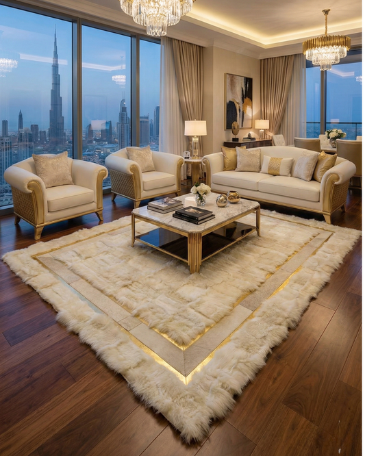 Natural patchwork white sheepskin rug in elegant living room with beige sofas and city view