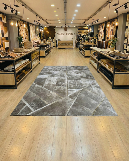 Natural Beige Lambskin Area Rug in elegant store setting with wooden flooring and warm lighting