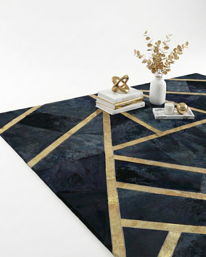 Luxuyr Custom Black and  Gold Patchwork Rug - Large 10x12 Cowhide Rug