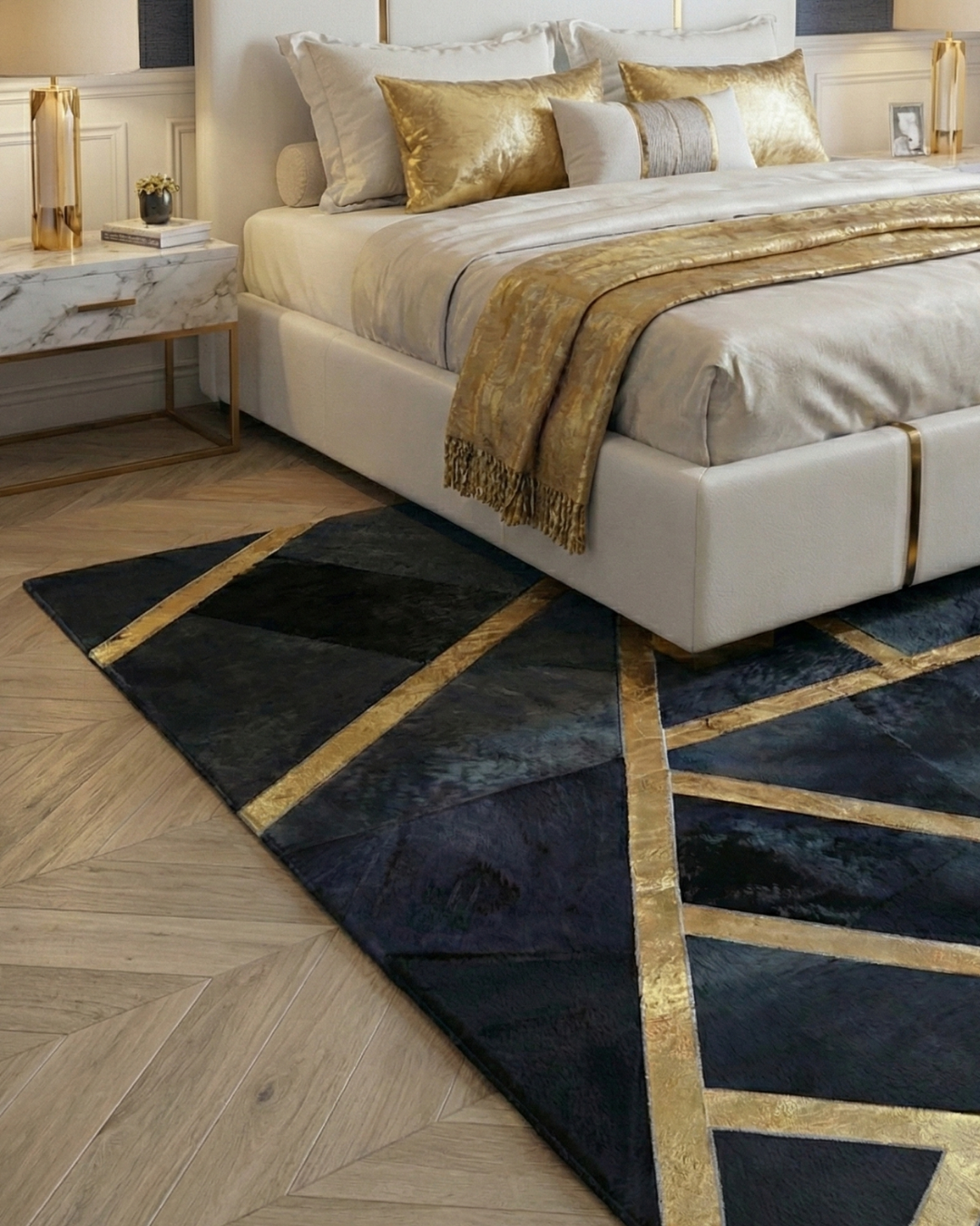 Luxuyr Custom Black and  Gold Patchwork Rug - Large 10x12 Cowhide Rug