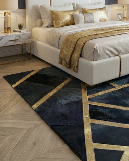 Luxuyr Custom Black and  Gold Patchwork Rug - Large 10x12 Cowhide Rug