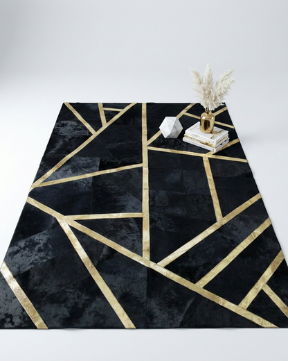 Luxuyr Custom Black and  Gold Patchwork Rug - Large 10x12 Cowhide Rug