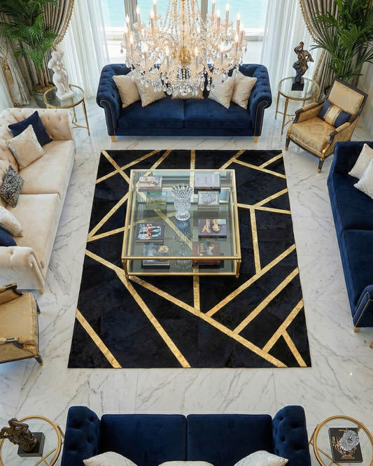 Large handmade patchwork rug in black and gold geometric cowhide design in elegant living room