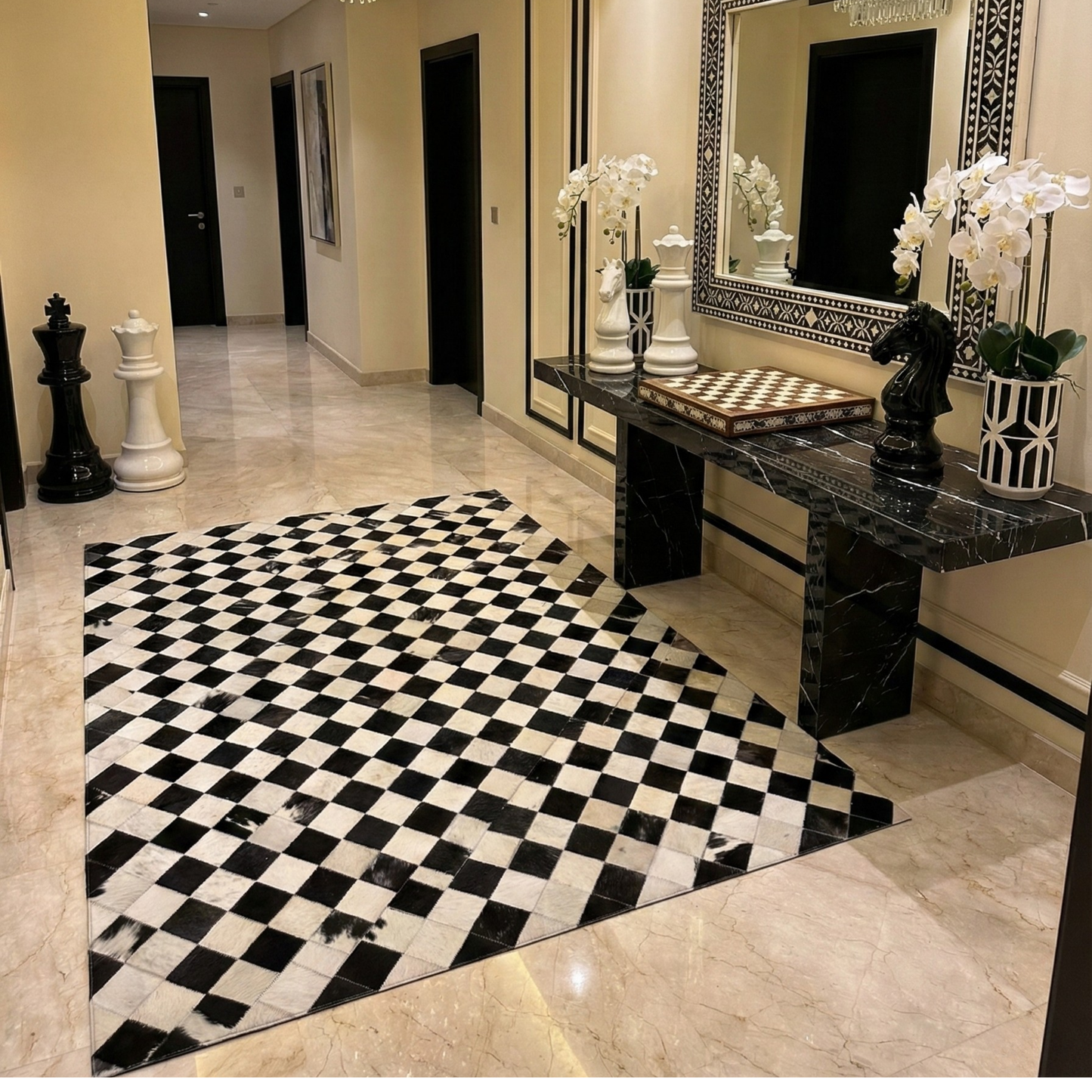 Handmade Checkers Black And White Genuine Cowhide Leather 6x8 Area Rug