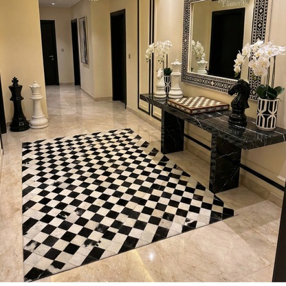 Handmade Checkers Black And White Genuine Cowhide Leather 6x8 Area Rug