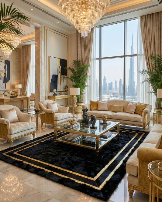 Modern living room featuring a handmade black natural sheepskin rug with gold trim and elegant beige furniture