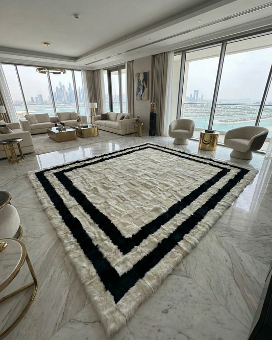 Modern handmade natural sheepskin rug with black and white pattern in luxurious living room