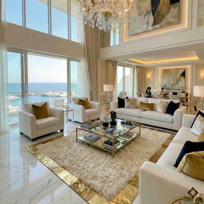 Beige Sheepskin Area Rug with Gold Border | Handmade Luxury