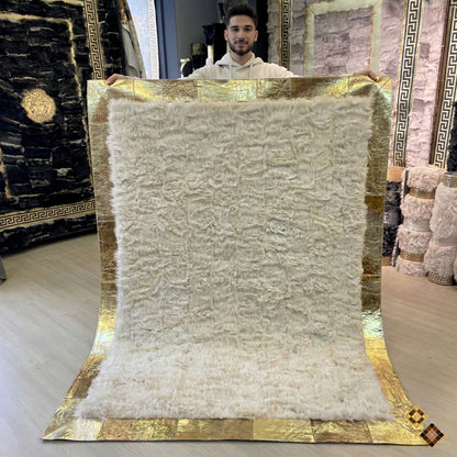 Beige Sheepskin Area Rug with Gold Border – Handmade Luxury Comfort