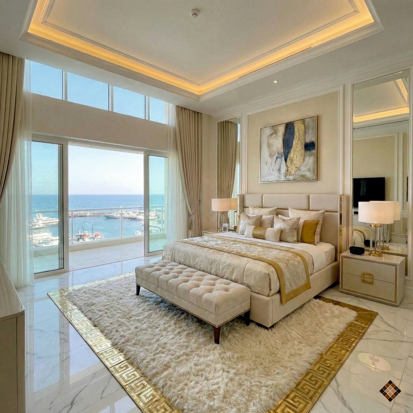 Beige Sheepskin Area Rug with Gold Border – Handmade Luxury Comfort