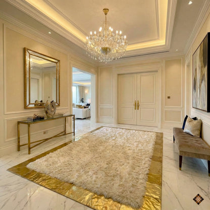Beige Sheepskin Area Rug with Gold Border – Handmade Luxury Comfort