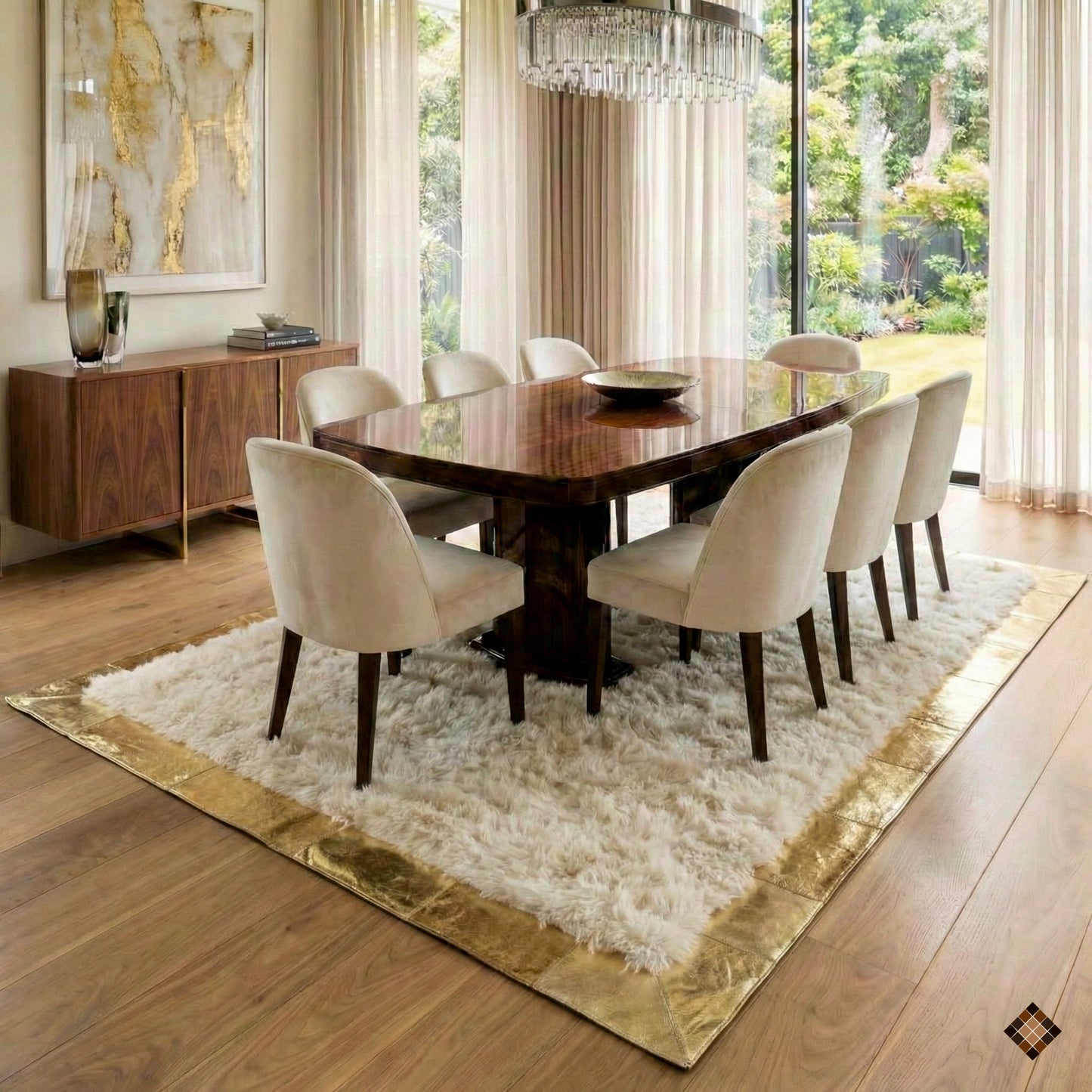 Beige Sheepskin Area Rug with Gold Border – Handmade Luxury Comfort