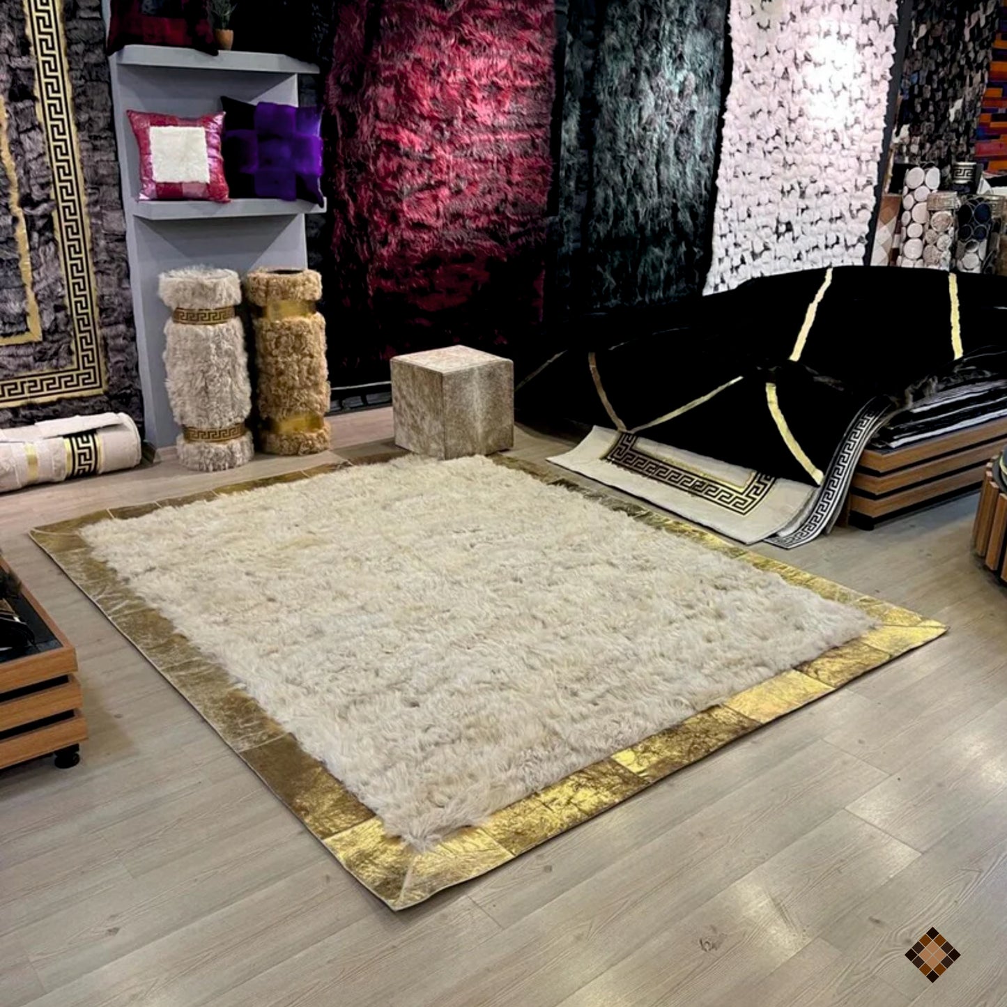 Beige Sheepskin Area Rug with Gold Border – Handmade Luxury Comfort