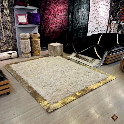 Beige Sheepskin Area Rug with Gold Border – Handmade Luxury Comfort