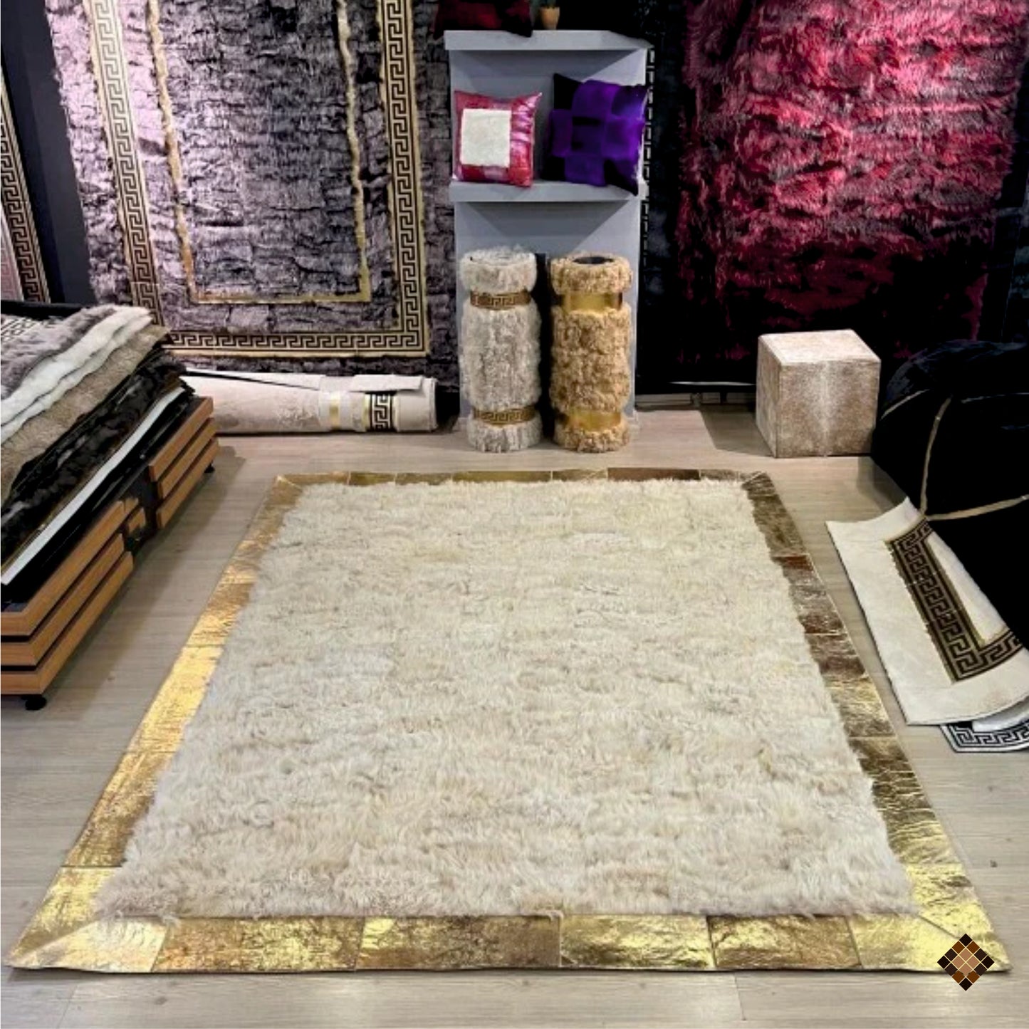 Beige Sheepskin Area Rug with Gold Border – Handmade Luxury Comfort