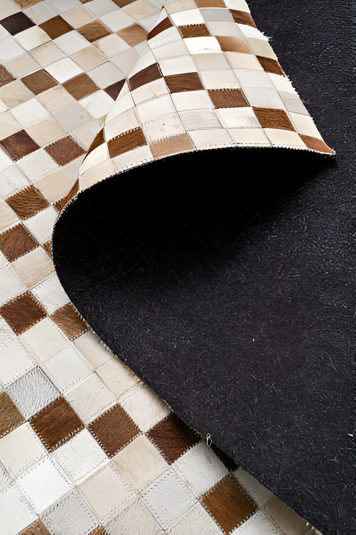 Beige and Brown Cowhide Patchwork Area Rug, Unique Handmade Natural Rug