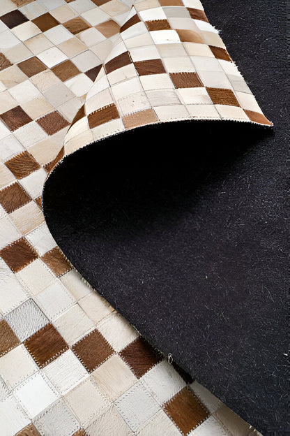 Beige and Brown Cowhide Patchwork Area Rug, Unique Handmade Natural Rug