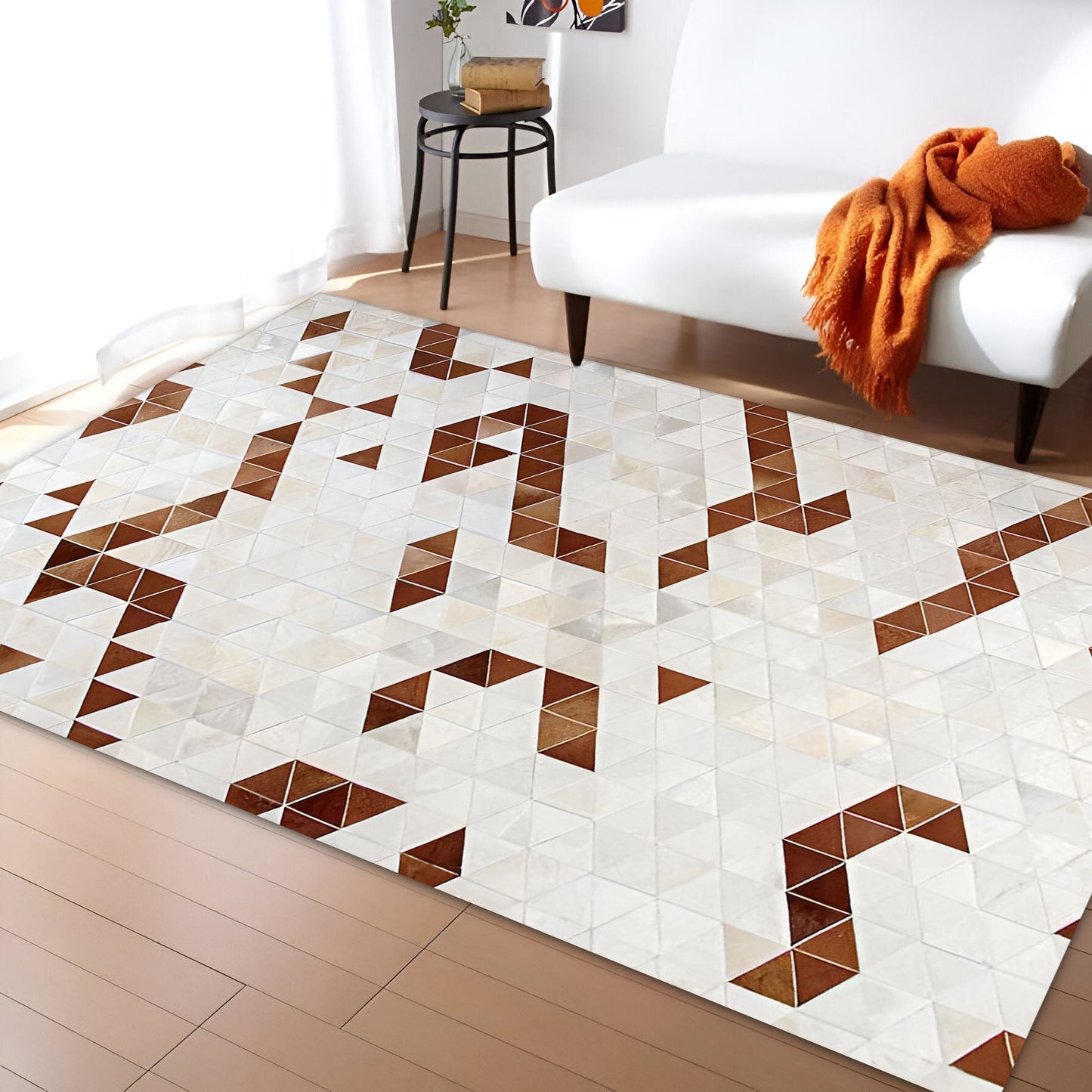 Beige and Brown Cowhide Patchwork Area Rug, Unique Handmade Natural Rug